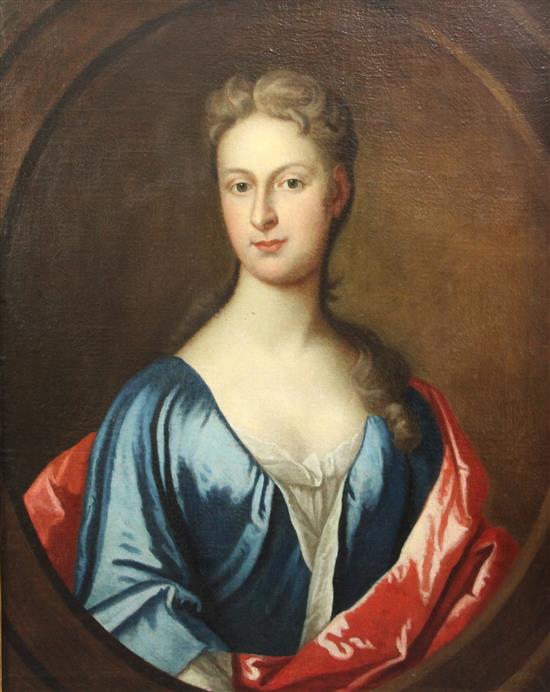 Mid 18th century English School Portrait of a lady wearing a blue dress 29.5 x 24.5in